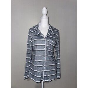 NWT Jaclyn Intimates S Gray Stripe Pajama Top Button Front Sleep Shirt Pockets